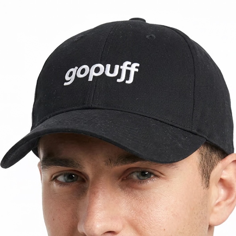 Gopuff Baseball Cap Mens Black Embroidered Logo Strapback Hat